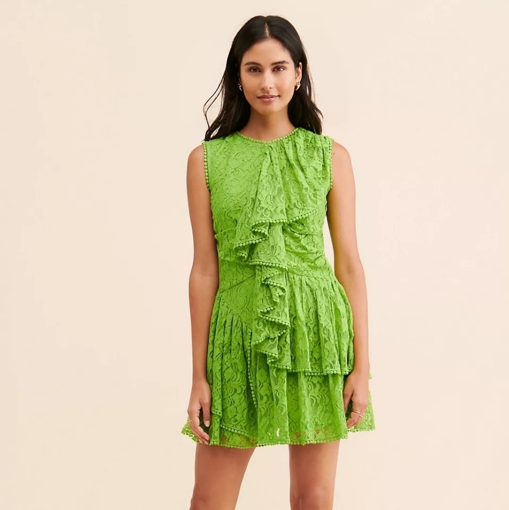 Verb by Pallavi Singhee Green Lace Ruffle Mini Dress Romantic Boho Sleeveless M